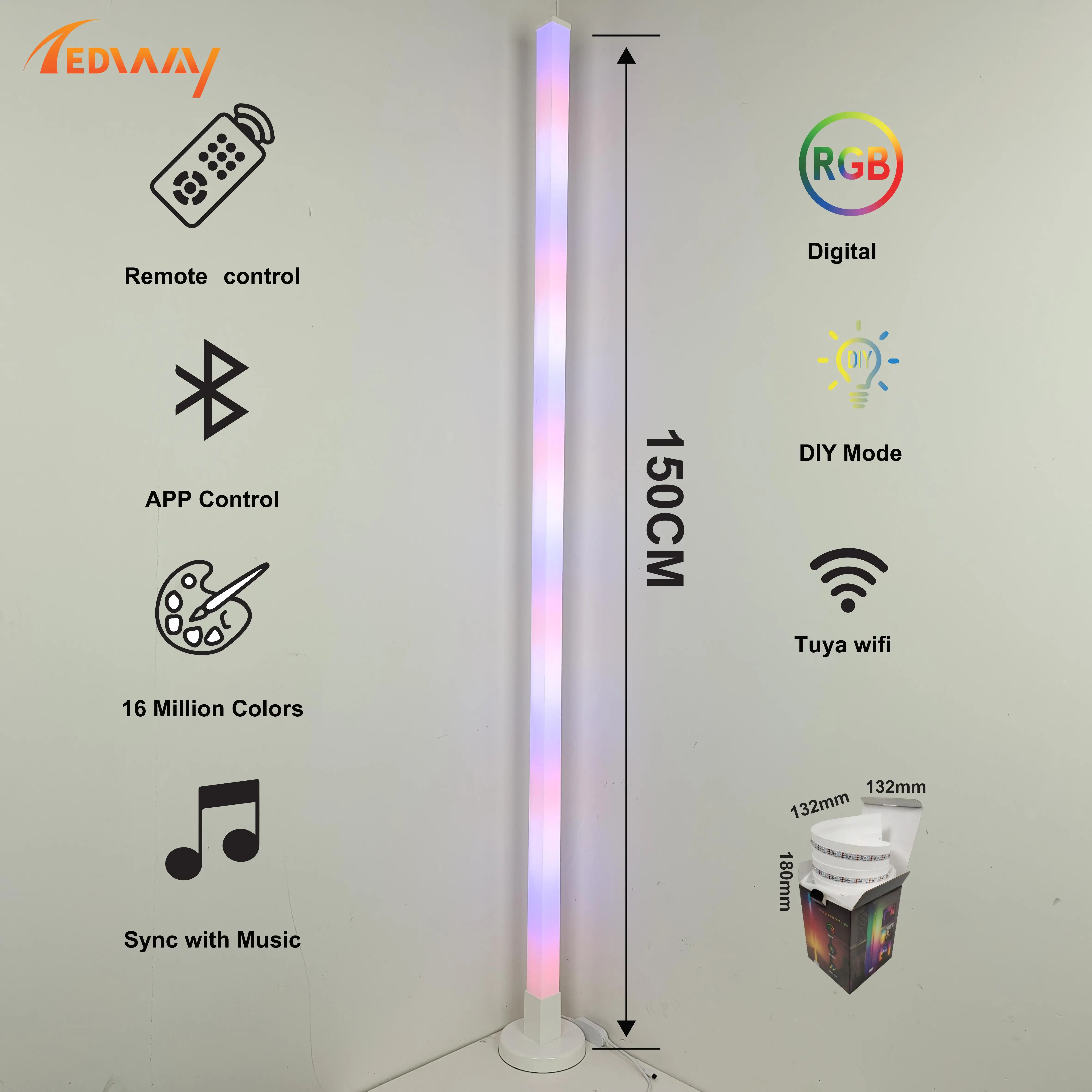 Lâmpada de chão DIY com controle de música, lâmpada de chão LED de canto multicolorida com controle remoto para quarto