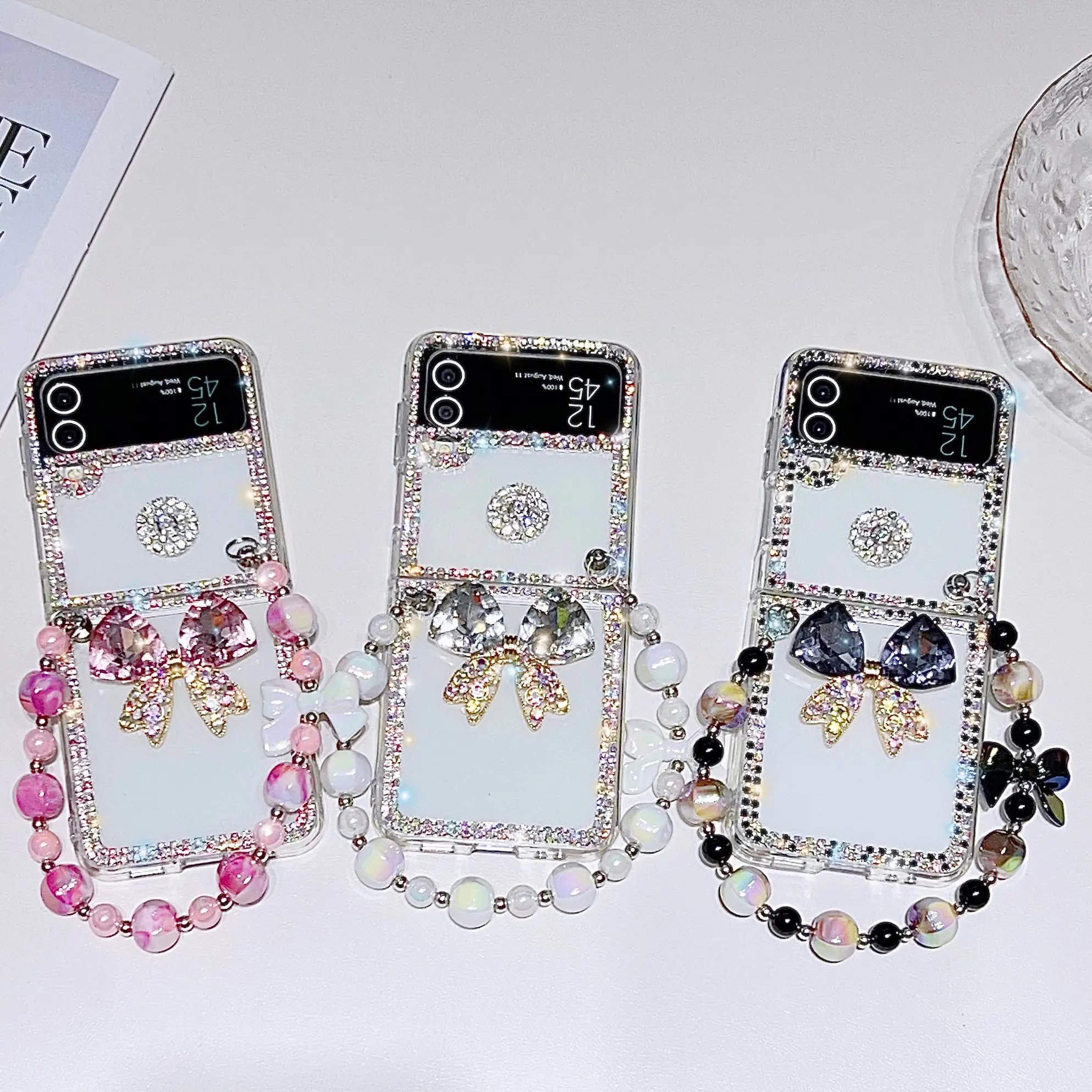 Fabricage Boog Diamant Geval Voor Samsung Z Flip 3 4 Glitter Bling Glanzende Band Mode Luxe Case Voor Samsung Z Fold 3 4 5G