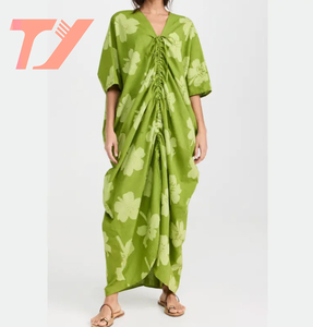 TUOYI Mujeres Ropa Diseñador Impresión personalizada Frente Fruncido Corbata <span class=keywords><strong>Maxi</strong></span> Vestido Verano Casual Ancho Suelto Cuello en V Algodón Vestido largo - Product Image 1