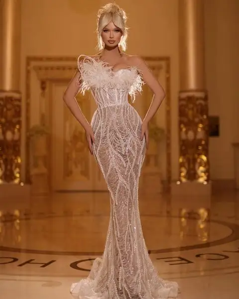 High Quality Strapless Sleeveless Feather Slim Fishtail Dress Sexy Stylish Elegant Birthday Party Prom Bridesmaid Evening Dress