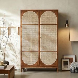 <span class=keywords><strong>Armoire</strong></span> de rangement en bois massif nordique en <span class=keywords><strong>rotin</strong></span> avec dôme arqué et porte battante pour ranger les vêtements et les armoires - Product Image 1