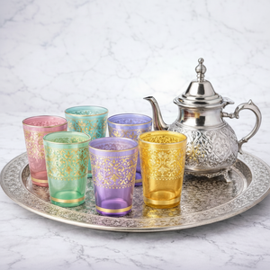 Juego de té marroquí, 6 vasos en color pastel, un bandeja, una tetera en caja de regalo - Product Image 1
