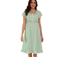 Robe longue de nuit pour femme, style européen et américain, avec patchwork de dentelle, rayures à nœuds, volants, manches courtes et col rond
