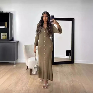 Nút ve áo mỏng phù hợp với dệt kim của phụ nữ dài tay áo lần lượt xuống cổ áo len ăn mặc nút sườn Slim ribeed thanh lịch Maxi Dress - Product Image 2