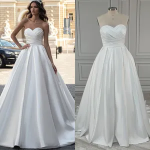 11507# Real Photos Simple Boho Strapless Pleat Satin A-line Wedding Dress For Women Sweep Train Bride Gown Vestido de novia