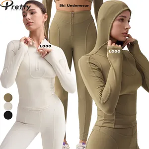 High Quality Womens Ski Suit Yoga Wear Sports Clothes Workout Ribbed Half Zipper Legging Splicing Hooded Jacket Gym Fitness Sets