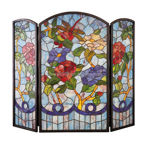 Customized Stained Glass Room Divider 3 Panels Floral Pattern Red Roses Blue Background Freestanding Decorative <b>Screen</b> - Product Image 5