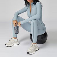 Combinaison de sport haute intensité pour femme, manches longues, body de yoga uni, demi-fermeture éclair, col montant, taille élastique, respirante