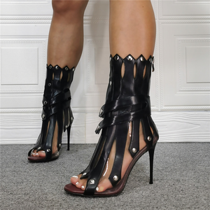 Botines de tacón alto para mujer, diseño moderno, punta cuadrada, con remaches, huecos, sexys, de verano, tallas grandes - Product Image 3