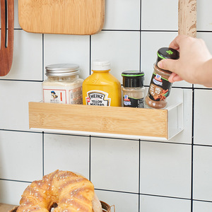 Japanese Style Minimalist <b>Wall</b> <b>Mounted</b> Spice Rack Bamboo And Metal Storage <b>Shelf</b> For Kitchen Organization - Product Image 1