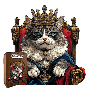 Wacocetoy Puzzle en bois 204 pièces, thème royal, roi chat, jouet de puzzle pour adultes - Product Image 1