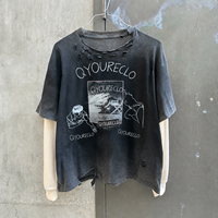 T-shirt à manches longues double couche QYOURECLO personnalisé avec logo, style streetwear, en coton gaufré délavé et vieilli pour homme