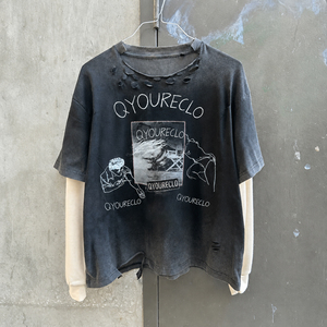 QYOURECLO T-Shirt a Maniche Lunghe a Doppio Strato con Logo Personalizzato, Stile Streetwear, in Cotone Effetto Lavaggio Acido e Distressed per Uomo - Product Image 1