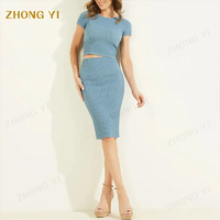 Usine de vêtements en gros personnalisé automne femmes coton tricot costume jupe à manches courtes haut court décontracté hanche jupe portefeuille ensembles