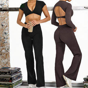 Conjunto de Yoga de 3 Piezas para Mujer, Tallas Grandes, Color Sólido, Top Sexy con Cuello en V Profundo, Pantalones Acampanados de Cintura Alta, Secado Rápido, Ropa Deportiva para Pilates - Product Image 3