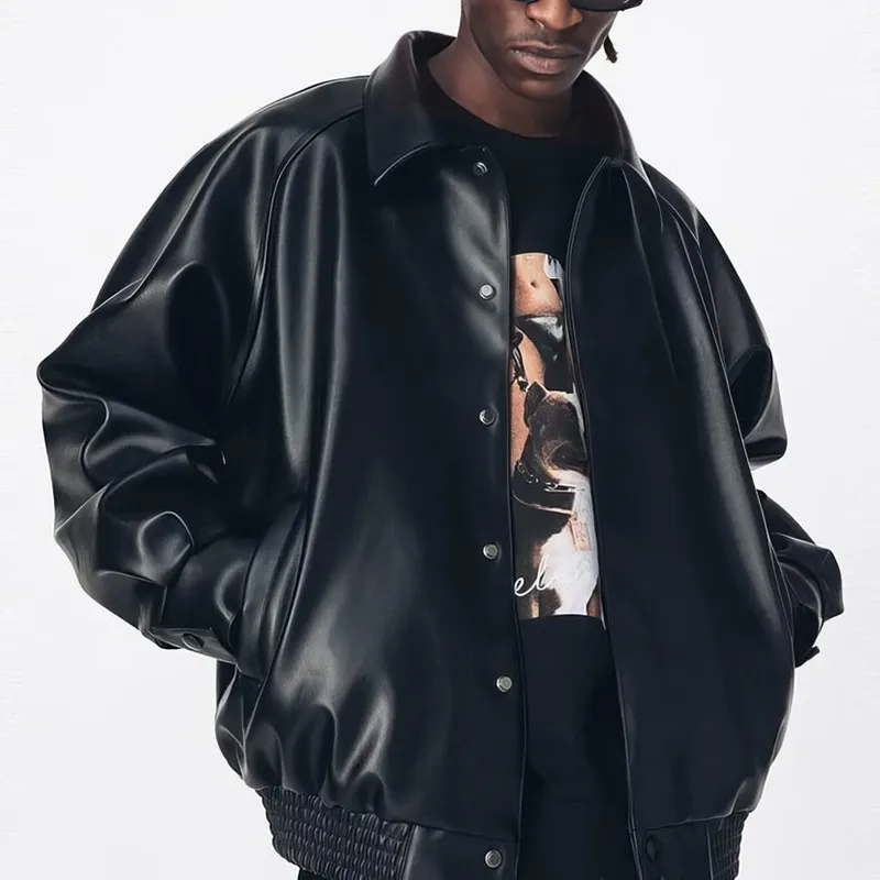 Fabricants de vêtements sur mesure en cuir Pu Streetwear veste en cuir noir pour homme style de rue vintage veste sur mesure surdimensionnée