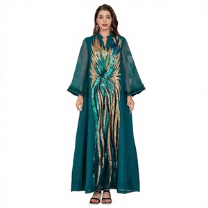 Robe longue élégante pour femme musulmane, col en V, manches longues, avec broderie de plumes et perles, en polyester, modèle SW008, pour le Moyen-Orient - Product Image 1