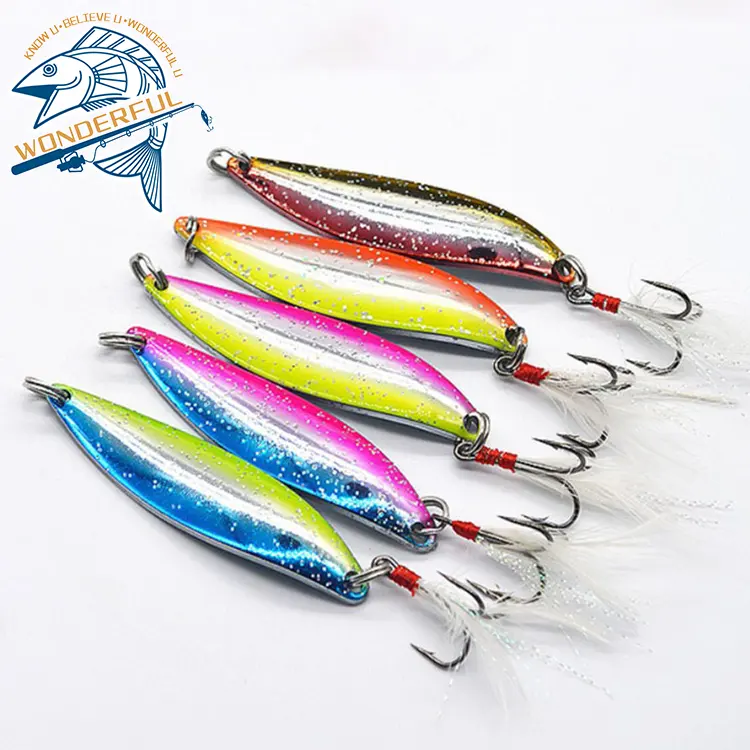 In Stock 8g 14g Bionic Colorful Artificial Hard Fishing Tackle Perch Sea Bass Metal Spoon Sequins With Feather Hook