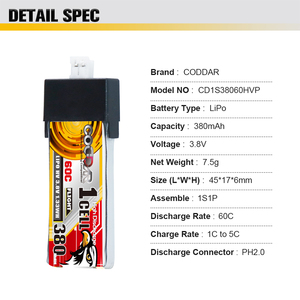 CODDAR <span class=keywords><strong>batteria</strong></span> LiPo 1S 380MAH 3.8V 60C PH2.0 testa di plastica FPV Drone elicottero RC Racing confezioni <span class=keywords><strong>quad</strong></span> quadricottero - Product Image 5