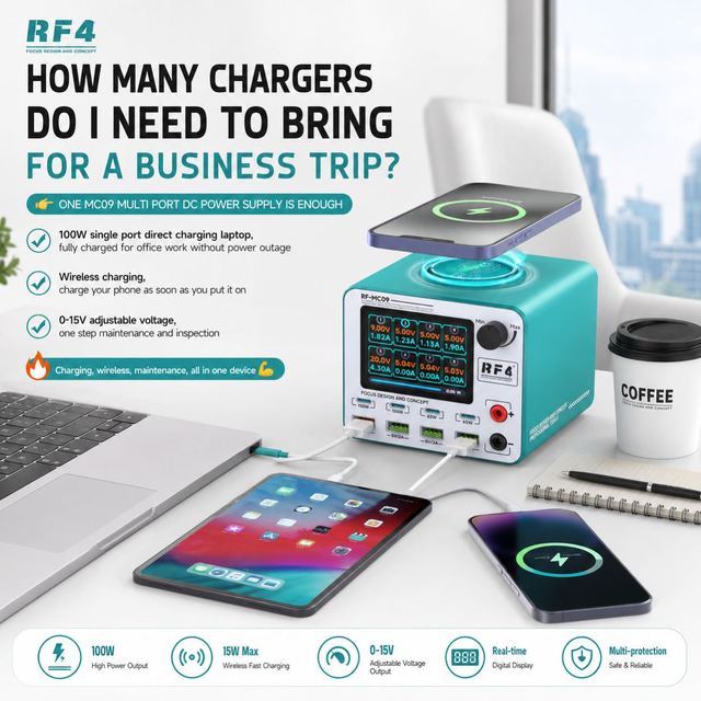 RF4 MC09 Multi-Port DC Power Supply Fast Charger with Wireless Charging for Office Business Travel  Phone Laptop Tablet