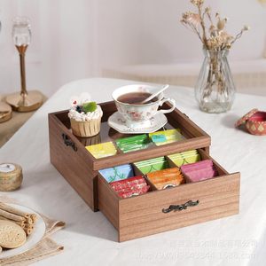 Wooden Desktop <b>Tea</b> Bag Storage <b>Box</b> With Acrylic Lid Nine Compartment Organizer For <b>Tea</b> Coffee Bags Drawer Style - Product Image 3