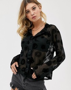 king Young Laser Burn Out Lady Sun and Moon Design Black <strong>Revere</strong> <strong>Collar</strong> Fitted Button Front Sheer <strong>Shirt</strong> Women - Product Image 2