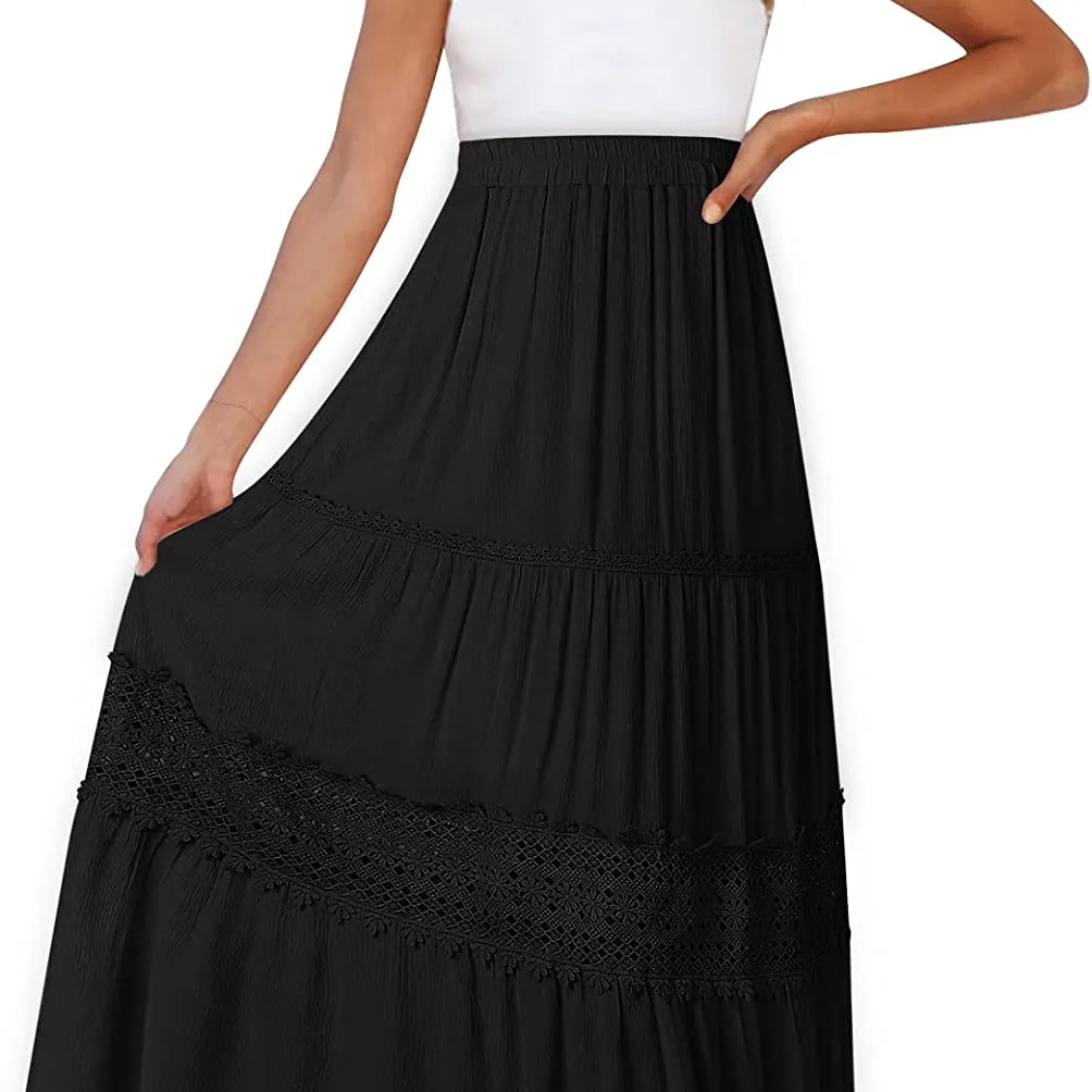 Women's Bohemian elastic high waisted pleated A-line lace lace layered mid-length maxi dress with pockets