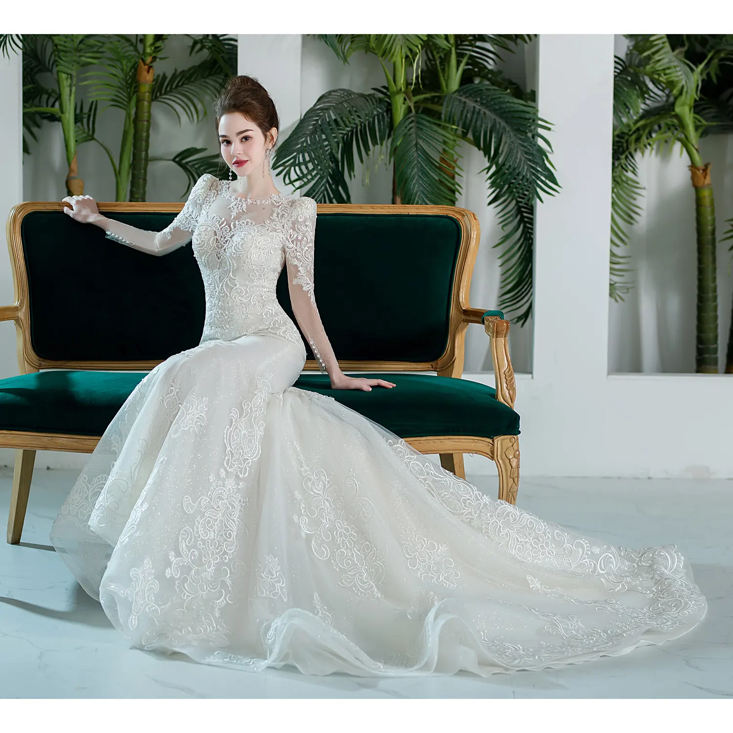 SL9190 hot sale vintage mermaid wedding dress for girls robe doiree illusion long sleeves simple beading elegant bridal gown