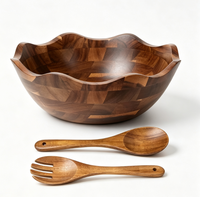 Juego de Tazones para Mezclar de Madera de Acacia Decorativos Hechos a Mano de 12 Pulgadas, Tazón para Ensalada de Madera con Utensilios para Servir