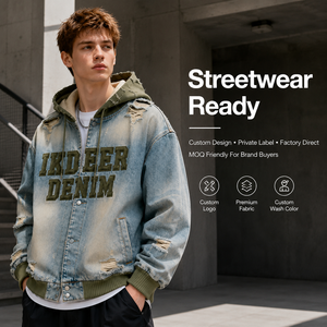 IKDEER Sudadera con Capucha de Mezclilla para Hombre, Estilo Vintage Y2K, con Bloques de Color Desgastados, Efecto Descolorido por el Sol, <span class=keywords><strong>2</strong></span> en 1, con Letras, 500 GSM, con Botones, Personalizada OEM - Product Image 6