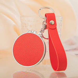 Custom Plastic Double <b>Foldable</b> Compact <b>Mirror</b> Keychain Pocket Makeup <b>Mirror</b> Silver Finish Matching Leather Strap Promotional - Product Image 1