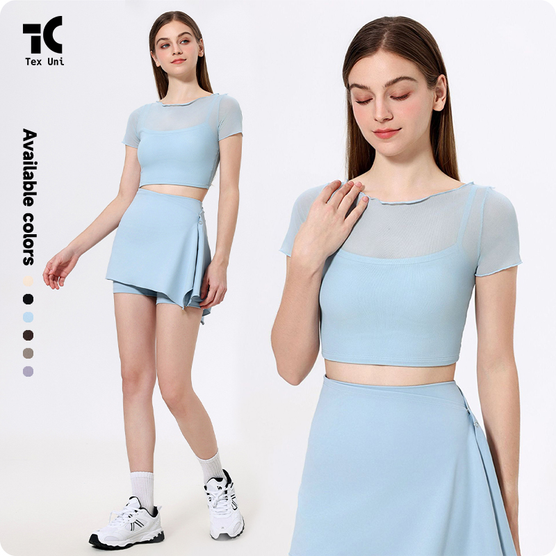 Two One Breathable Mesh Fabric Spandex/Nylon Short Sleeve Crew Neck Cropped Quick Dry Slim Fitting Women's Fitness Yoga Sports