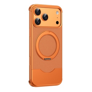 เคสแม่เหล็กไร้ขอบอะลูมิเนียมสำหรับธุรกิจ สำหรับ iPhone 17 15 16 Pro Max พร้อมขาตั้งวงแหวน 360 องศา แผงหลังหนัง PU ป้องกันการกระแทก - Product Image 1