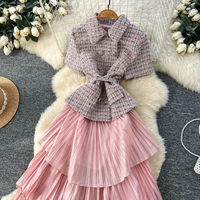 Ensemble de 2 pièces pour femmes WIWT, haut élégant en tweed à manches courtes et jupe longue plissée rose, pour un usage quotidien, vêtements pour femmes