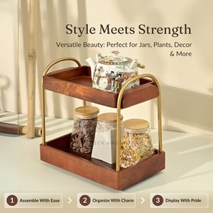 Double Layer Wooden Storage <b>Rack</b> With Metal Handles For Kitchen Pantry Organization Desktop Display <b>Shelf</b> Rectangle Shape - Product Image 2
