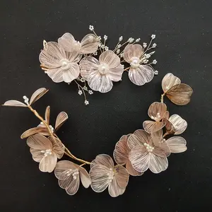 SLBRIDAL Handmade Baroque Đồng Hoa Ngọc Trai Tóc Cưới Phụ Kiện Cô Dâu Headband Tóc Clip Barrettes Set Phụ Nữ Đồ Trang Sức