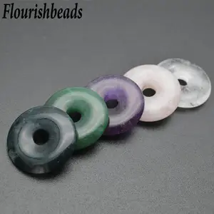 Natural Gemstones Round Donut Shape Pendants Making Fit Necklace (Green Aventurine/Amethyst/Moss Quartz/Crystal/Rose Quartz)