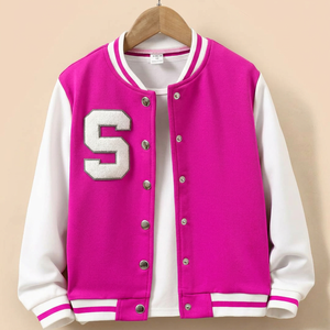 Veste universitaire vert menthe avec manches blanches et patch lettre S, fermeture avant, coupe classique, vêtements d'automne pour femmes - Product Image 2