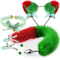 Nouvel ensemble de bondage cosplay Ninghao : serre-tête oreilles de chat en peluche rouge et vert, queue moelleuse, collier ras-du-cou en dentelle avec fermoir métallique, pinces – Jouets sexuels pour adultes