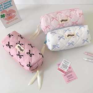 Student Perfect <b>Gift</b> <b>Creative</b> Bowknot Roll Large Capacity White Zipper Makeup Organizer Storage Pink Pen Bag Case - Product Image 1
