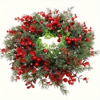 Karangan Bunga Natal Plastik Buatan Tangan yang Tahan Lama 40cm dengan Buah Berry Merah dan Daun Hijau untuk Pintu Depan, Dinding, Dalam & Luar Ruangan