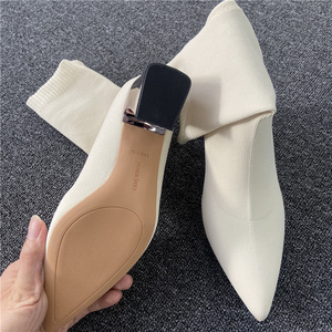 Botines Chelsea de Punto 100% de Fábrica para Mujer, Punta Puntiaguda, Tacón Cuadrado, Banda Elástica, Forro de Cuero Genuino, Transpirables, Otoño - Product Image 4