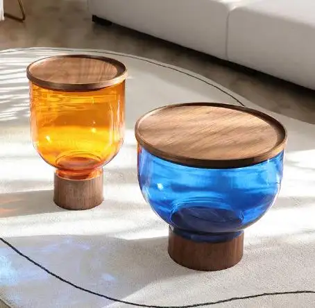 JS C46 Art Furniture Living Room Glass Coffee Table Bell Cafe colorful Wood Top End Table Set Side Table In Whole Sale Price