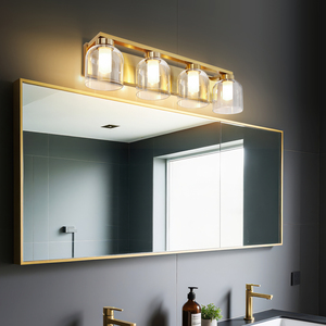 Lámpara de pared LED E26 moderna de latón dorado con pantallas de cristal transparente para baño, uso interior, 2700K, blanco cálido - Product Image 3