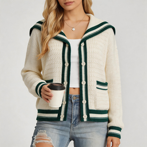 Cardigan da Donna con Etichetta Privata, Verde con Strisce a Contrasto, Colletto alla Marinara, Tessuto Texturizzato, Corto, Manica Lunga, Casual, con Zip - Product Image 1