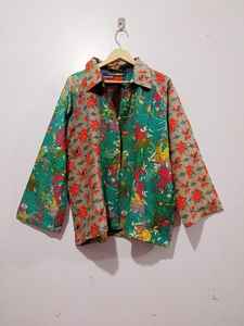 Handmade Kantha <b>Quilted</b> Cotton Jacket Long Sleeve Turn Collar Floral Bohemian Vintage Coat Free-Edge Button Autumn/Winter - Product Image 3