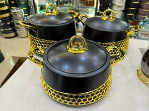 Juego <span class=keywords><strong>de</strong></span> 3 calentadores <span class=keywords><strong>de</strong></span> alimentos <span class=keywords><strong>de</strong></span> alta resistencia con asa Royal Crown <span class=keywords><strong>y</strong></span> diseño <span class=keywords><strong>de</strong></span> panal dorado, 2L, 2.5L, 3L, para supermercados <span class=keywords><strong>y</strong></span> negocios minoristas africanos - Product Image 1