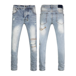 Nouveaux styles Jeans skinny déchirés pour hommes de marque personnalisée avec broderie d'<span class=keywords><strong>image</strong></span> Jeans skinny pour hommes - Product Image 1