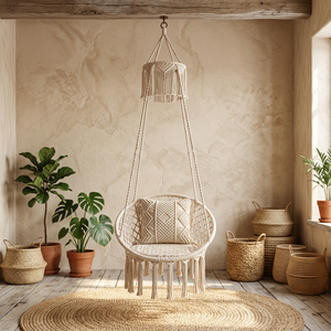 Hamac suspendu rond en macramé bohème en coton durable avec coussin à pompons pour salon et chambre à coucher - Product Image 3