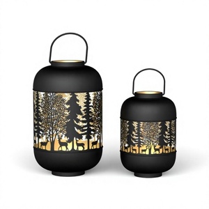 Faroles Colgantes de Hierro Negro con Diseño de Ciervos y Bosque, Patrón Troquelado, Hierro Laminado, Resistencia al Calor Sostenible, Portavelas Duradero - Product Image 1